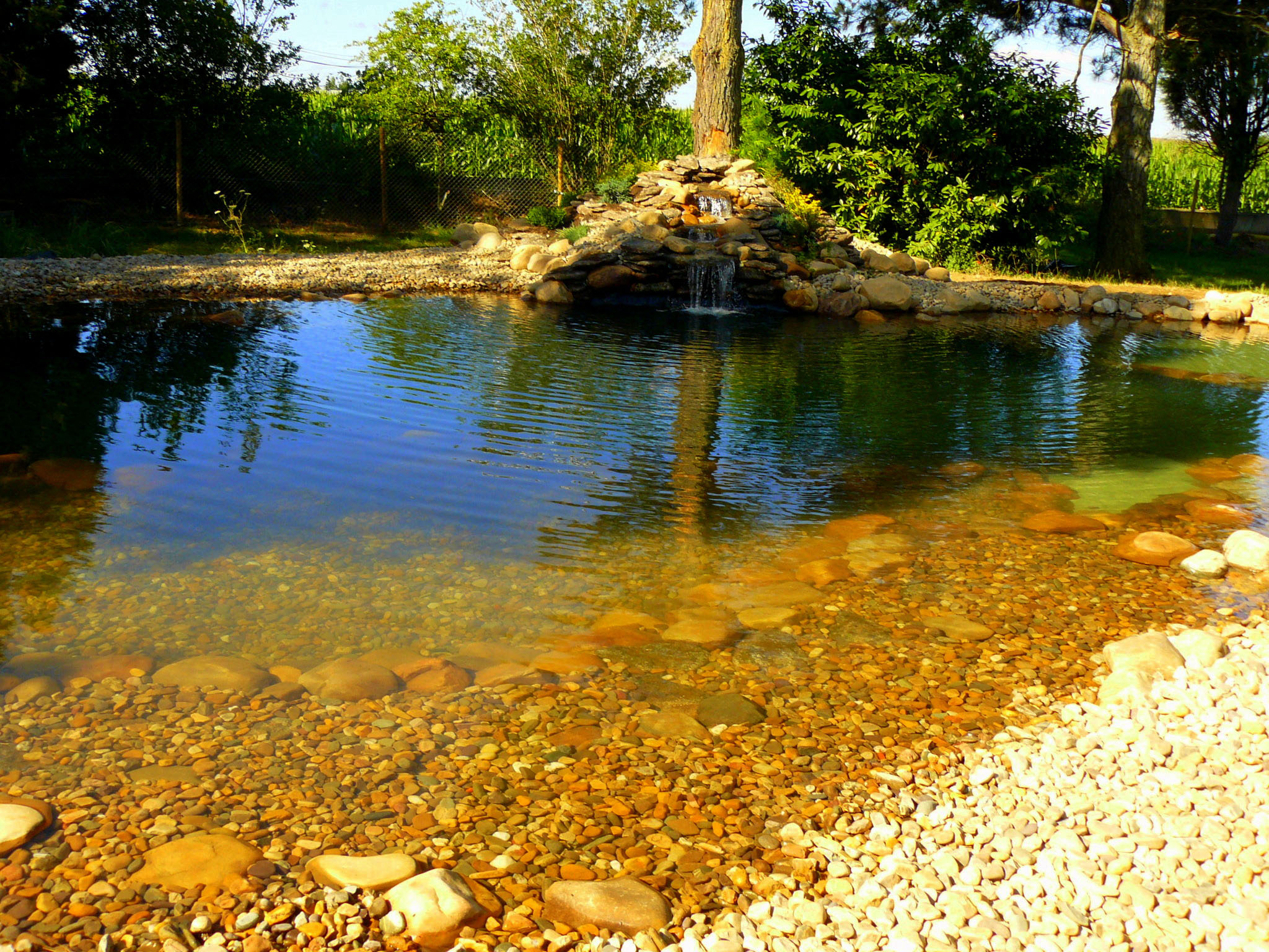 lago natural en León con cascada de piedra y vegetación